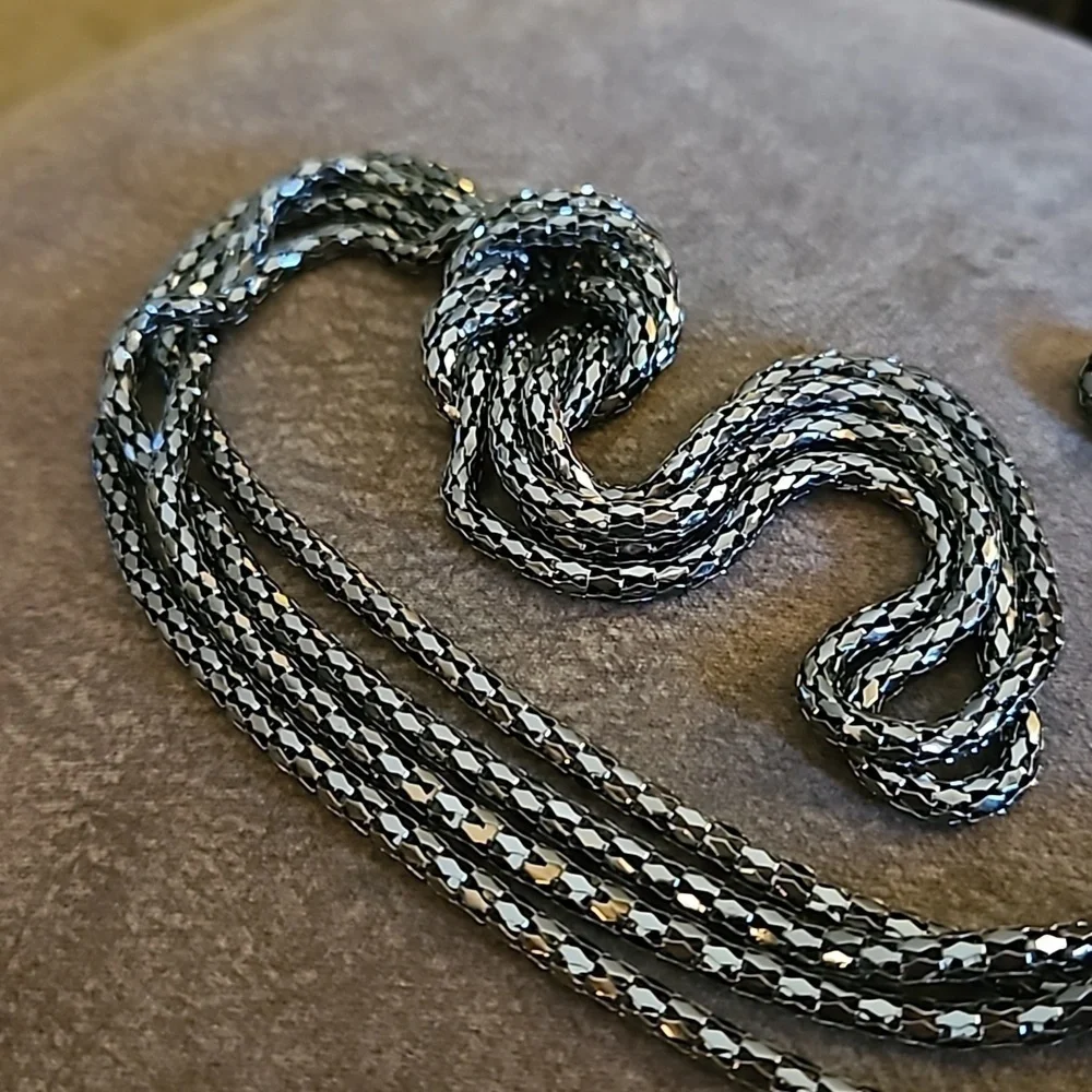 Vintage Long Gunmetal Mesh Infinity Knot Sweater Necklace